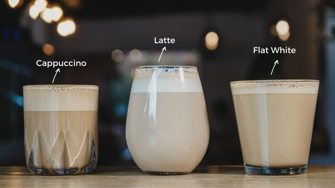 Café latte, capuchino y flat white