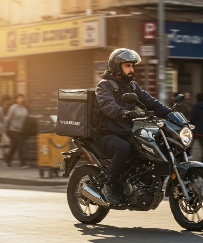 A delivery nocturno man on a motorcycle