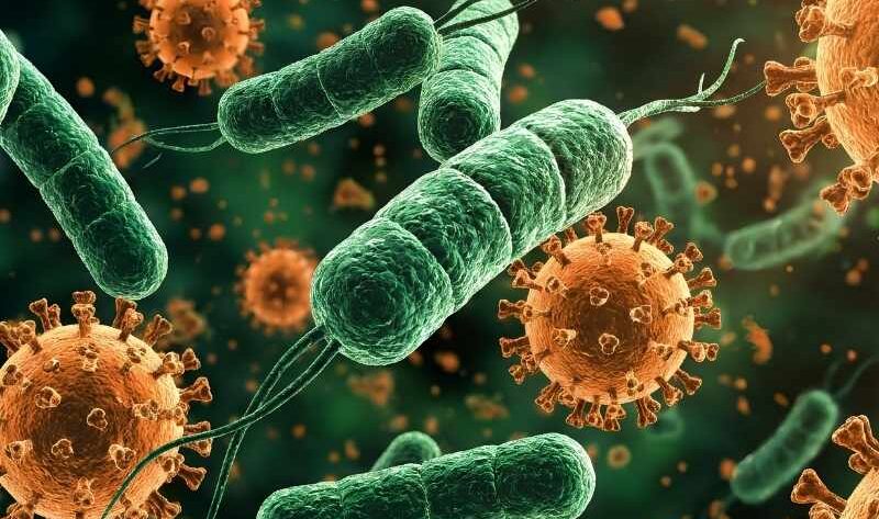 Ilustración de virus en el aire, relacionada con contagios en interiores y COVID en la oficina
