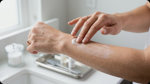 Aplicación de gel crema blanca de toque seco en mano