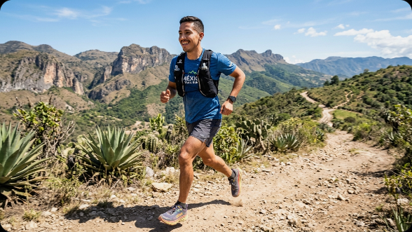 Hombre mexicano corriendo y sudando con el rostro mate y protegido