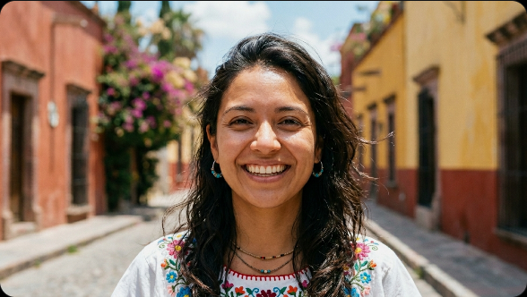 Mujer mexicana con piel mate libre de grasa sonriendo al sol