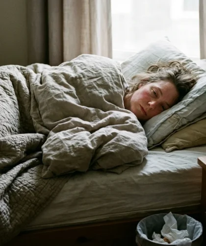 Fotografía editorial de persona real en entorno moderno sobre Qué hacer cuando los síntomas de gripe te obligan a guardar reposo