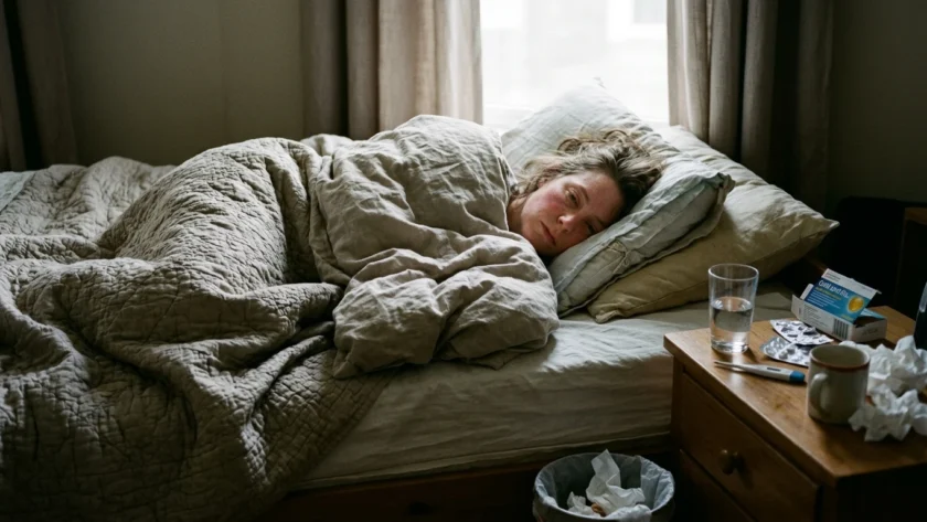 Fotografía editorial de persona real en entorno moderno sobre Qué hacer cuando los síntomas de gripe te obligan a guardar reposo