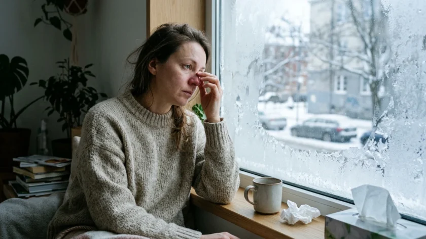 Fotografía editorial de persona real en entorno moderno sobre ¿Por qué aumentan los resfriados en invierno